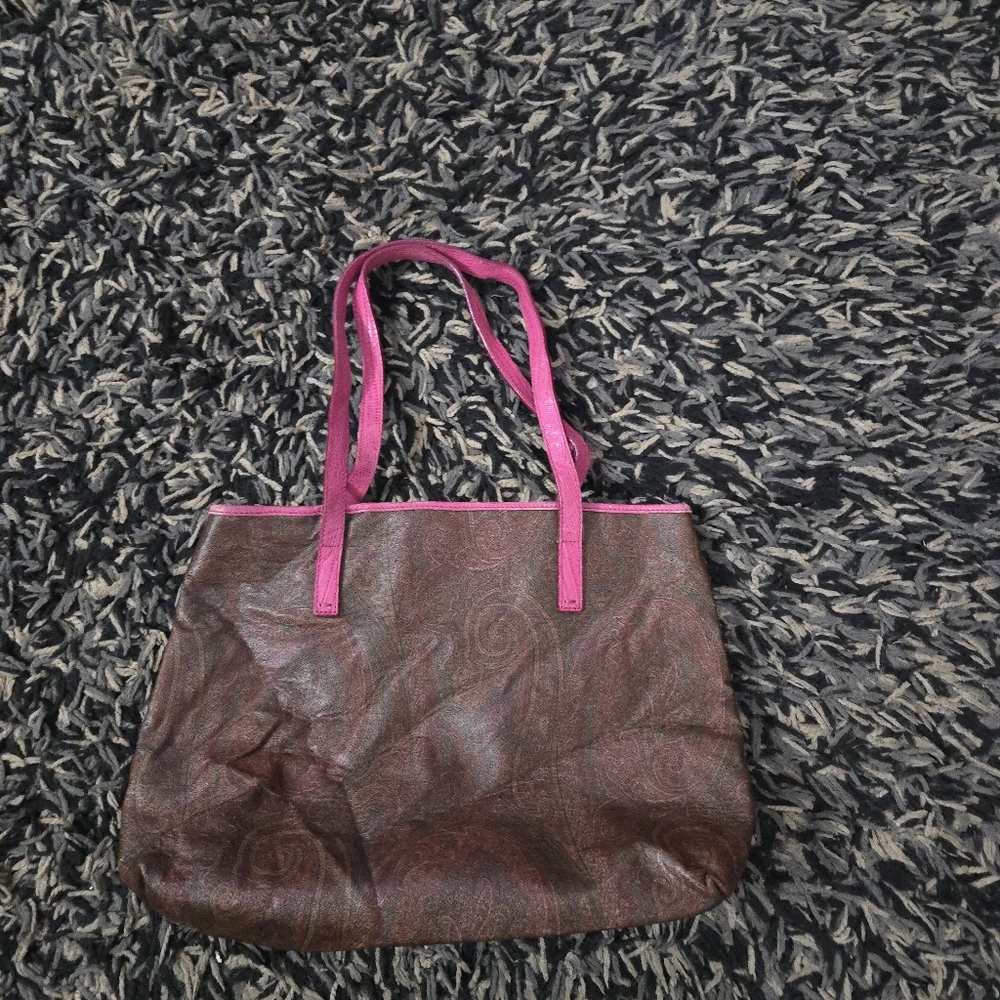 Etro Milano Paisley Coated Canvas Tote Bag Pink Leather Trim